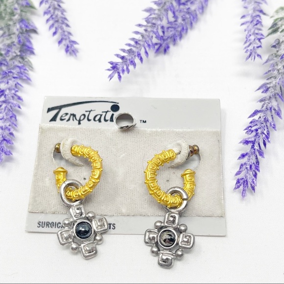 NEW Vintage Temptati Gold Silver Tone Hematite Hoop Door Knocker Gaudy Earrings - Picture 1 of 3